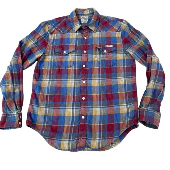 Lucky Brand Western Style Flannel Shirt Men’s Size Medium Red Plaid Cotton - Picture 1 of 5